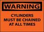 Machine and Equipment Sign, English, WARNING - CYLINDERS MUST BE CHAINED AT ALL TIMES, Rigid Plastic, Mounting Holes, Black on Orange, 10 in, 14 in