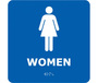 Bathroom Sign, English, WOMEN, Styrene Plastic|PVC, Adhesive Backed, White on Blue, 8 in, 8 in