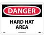 Protective Sign, English, DANGER - HARD HAT AREA, Rigid Plastic, Mounting Holes, Red / Black on White, 10 in