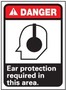 Protective Sign, English, DANGER - EAR PROTECTION REQUIRED IN THIS AREA, Rigid Plastic, Mounting Holes, Red / Black on White, 14 in