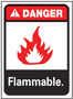 Hazardous Sign, English, DANGER - FLAMMABLE, Vinyl, Adhesive Backed, Red / Black on White, 14 in, 10 in