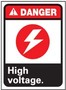 Electrical Sign, English, DANGER - HIGH VOLTAGE, Rigid Plastic, Mounting Holes, Red / Black on White, 14 in, 10 in