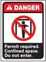 Confined Space Sign, English, DANGER - PERMIT REQUIRED CONFINED SPACE DO NOT ENTER, Vinyl, Adhesive Backed, Red / Black on White, 14 in, 10 in