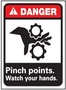 Machine and Equipment Sign, English, DANGER - PINCH POINTS WATCH YOUR HANDS, Rigid Plastic, Mounting Holes, Red / Black on White, 14 in, 10 in