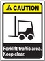 Fork Lift Sign, English, CAUTION - FORKLIFT TRAFFIC AREA KEEP CLEAR, Rigid Plastic, Mounting Holes, Black / Yellow on White, Rectangle