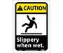 Caution Sign, English, CAUTION - SLIPPERY WHEN WET, Vinyl, Adhesive Backed, Black / Yellow on White, 10 in, 7 in