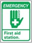 First Aid Sign, English, EMERGENCY - FIRST AID STATION, Vinyl, Adhesive Backed, Green / Black on White, 10 in, 7 in