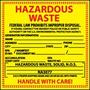 Hazardous Labels, English, HAZARDOUS WASTE - FEDERAL LAW PROHIBITS IMPROPER DISPOSAL (FOR SOLIDS), Vinyl, Adhesive Backed, Red / Black on Yellow