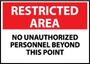 Entrance Sign, English, RESTRICTED AREA - NO UNAUTHORIZED PERSONNEL BEYOND THIS POINT, Rigid Plastic, Mounting Holes, Black / Red on White, 10 in, 14 in