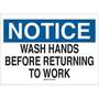 Personal Hygiene Sign, English, NOTICE - WASH HANDS BEFORE RETURNING TO WORK, Aluminum, Mounting Holes, Black / Blue on White, 7 in, 10 in