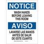 Brady® Bilingual Personal Hygiene Sign, Hands Before Leaving This Room, Plastic, Black / Blue on White, 14 in, 10 in