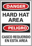 Protective Sign, English|Spanish, DANGER - HARD HAT AREA/PELOGRO - CASCO REQUERIDO EN ESTA AREA, Vinyl, Adhesive Backed, Red / Black on White, 20 in