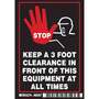 Equipment Label, English, STOP KEEP A 3 FOOT CLEARANCE IN FRONT OF THIS EQUIPMENT AT ALL TIMES, Polyester, Adhesive Backed, Red / White on Black