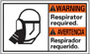 Protective Sign, English|Spanish, WARNING - RESPIRATOR REQUIRED/ADVERTENCIA - RESPIRADOR REQUERIDO, Rigid Plastic, Mounting Holes, Black / Orange on White, 10 in