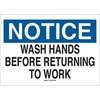 Personal Hygiene Sign, English, NOTICE - WASH HANDS BEFORE RETURNING TO WORK, Aluminum, Mounting Holes, Black / Blue on White, 7 in, 10 in