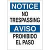 Entrance Sign, English, Spanish, NOTICE/AVISO - NO TRESPASSING/NO TRASPASE, Plastic, Mounting Holes, Black / Blue on White, 14 in, 10 in