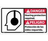 Danger Hearing Protection Required Sign, Bilingual, Vinyl