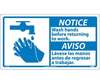 NMC NBA8R Wash Hands Before Returning To Work Sign, Bilingual