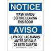 Brady® Bilingual Personal Hygiene Sign, Hands Before Leaving This Room, Plastic, Black / Blue on White, 14 in, 10 in