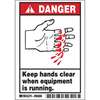 Equipment Label, English, DANGER KEEP HANDS CLEAR WHEN EQUIPMENT IS RUNNING, Polyester, Adhesive Backed, Black / Red on White