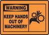 Warning Label, English, WARNING KEEP HANDS OUT OF MACHINERY, Vinyl, Adhesive Backed, Black on Dark Orange
