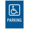 Handicap Parking Sign, English, PARKING, Aluminum, White on Blue, 18 in, 12 in